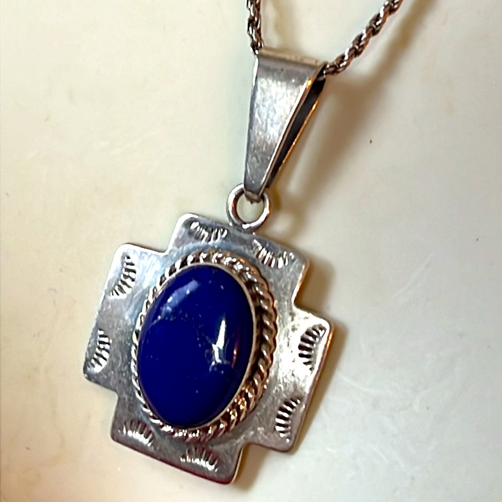 Lapis Lazuli sterling silver Taxco Mexico cross pendant necklace
